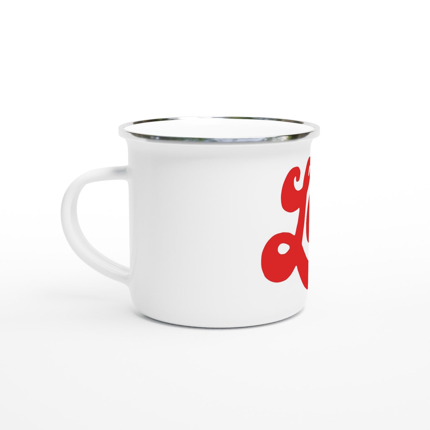 Love, In Cursive White 12oz Enamel Mug